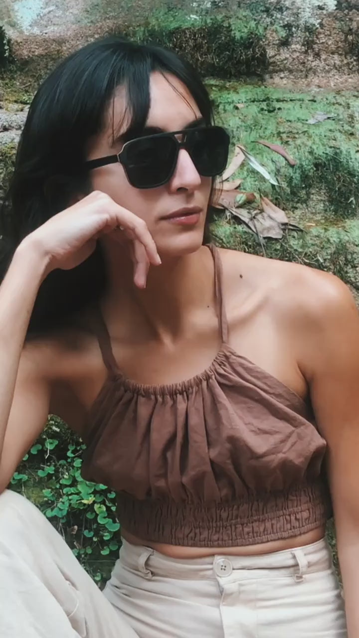 DAHLIA wooden aviator sunglasses with dark plant-based cellulose lenses, ethically sourced and durable yet lightweight for sustainable fashion